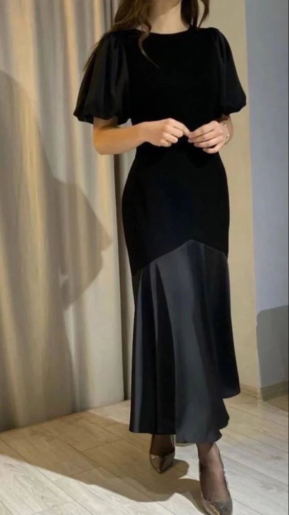 Elegant Mermaid Crew Neck Puff Sleeve Open Back Floor Length Evening Dress