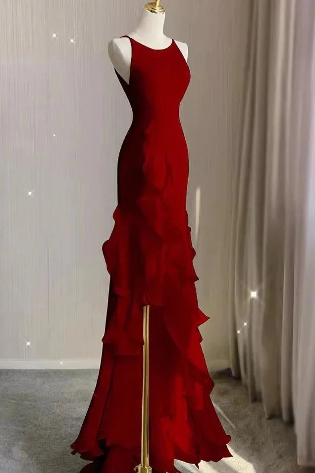 Elegant Mermaid Crew Neck Sleeveless Low Back Ruffled Floor Length Evening Dress