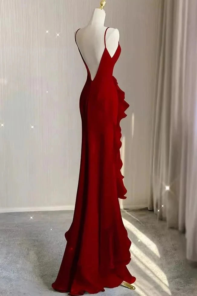 Elegant Mermaid Crew Neck Sleeveless Low Back Ruffled Floor Length Evening Dress
