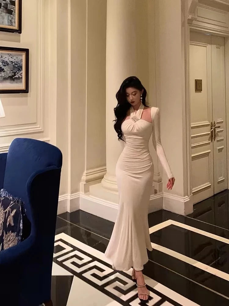 Elegant Mermaid Halter-Neck Long-Sleeve Open Back Ruched Crystal Evening Dress