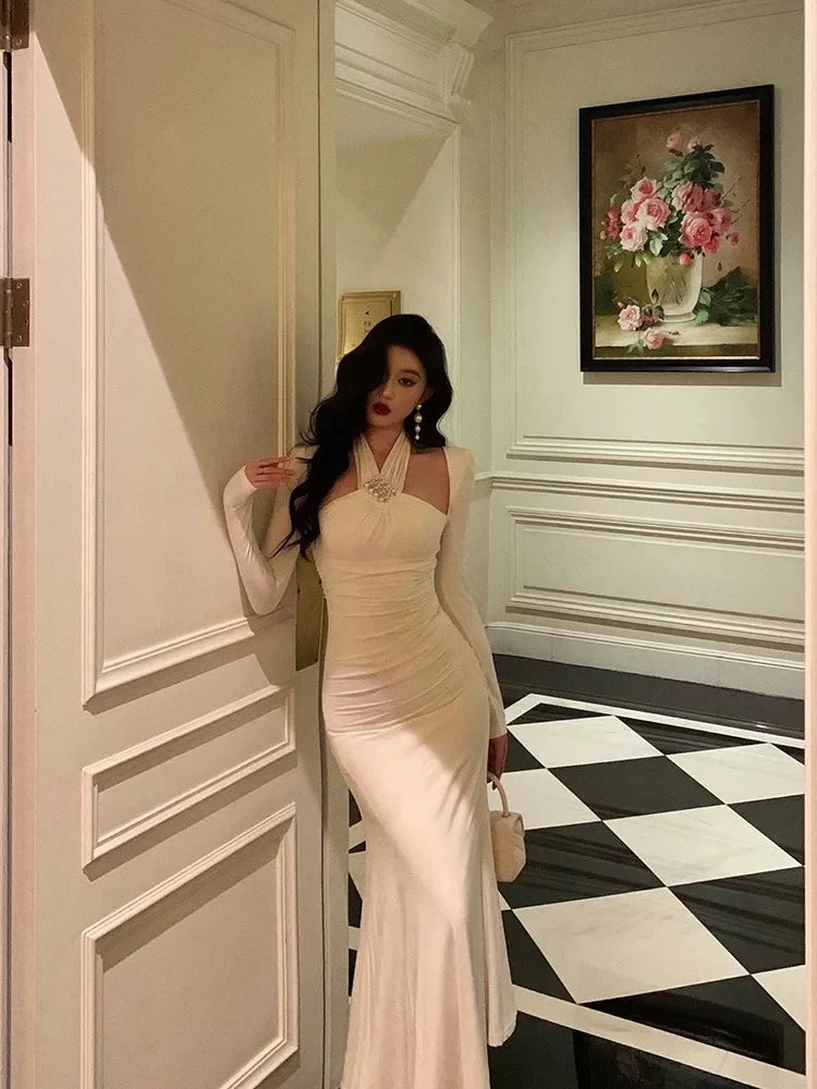 Elegant Mermaid Halter-Neck Long-Sleeve Open Back Ruched Crystal Evening Dress