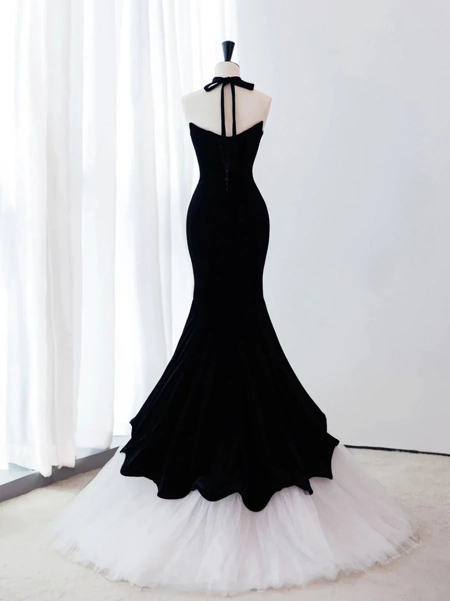 Elegant Mermaid Halter-Neck Sleeveless Lace-Up-Back Velvet-Tulle Scalloped-Hem Trained-Hem Floor-Length Prom Dress