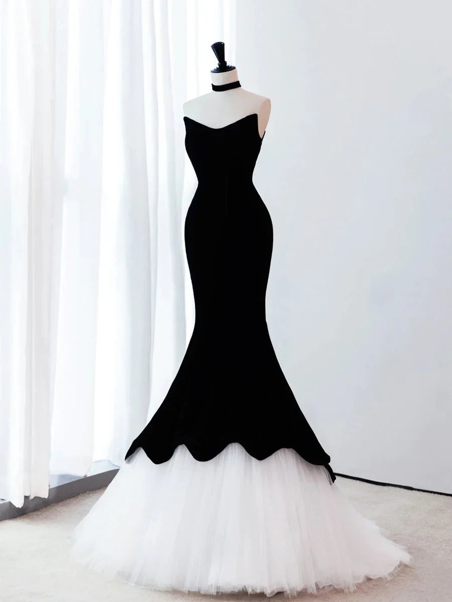 Elegant Mermaid Halter-Neck Sleeveless Lace-Up-Back Velvet-Tulle Scalloped-Hem Trained-Hem Floor-Length Prom Dress