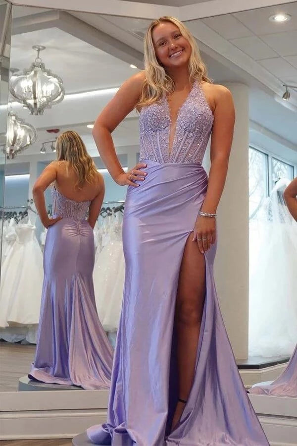 Elegant Mermaid Halter-Neck Sleeveless Open Back Beaded Satin High-Slit Prom Dress