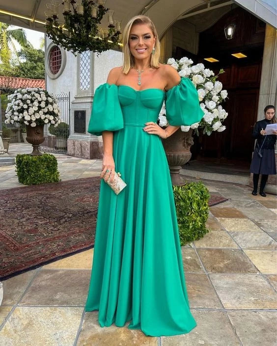 Elegant Mermaid Off-Shoulder Puff Sleeve Backless Floor-Length Prom Dress