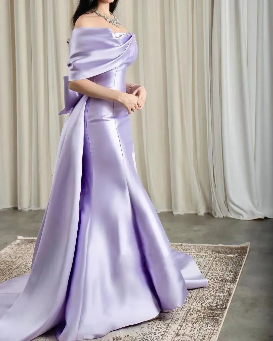 Elegant Mermaid Off-The-Shoulder Beaded Bow Oversized Train Floor-Length Formal Evening Dress