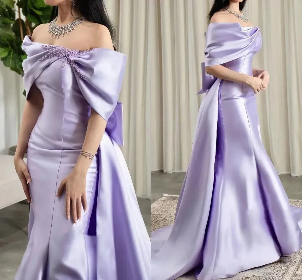 Elegant Mermaid Off-The-Shoulder Beaded Bow Oversized Train Floor-Length Formal Evening Dress