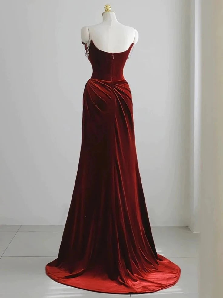Elegant Mermaid Off-The-Shoulder Crystal-Strap Zipper-Back Velvet-Rose Trained-Hem Floor-Length Prom Dress