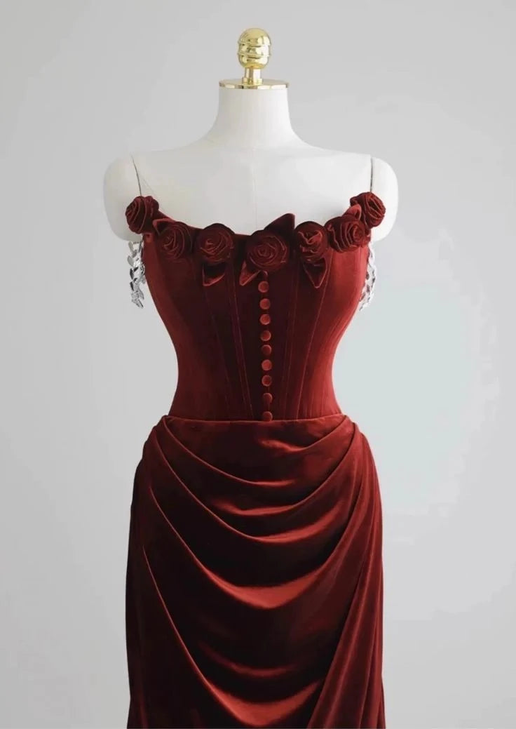 Elegant Mermaid Off-The-Shoulder Crystal-Strap Zipper-Back Velvet-Rose Trained-Hem Floor-Length Prom Dress