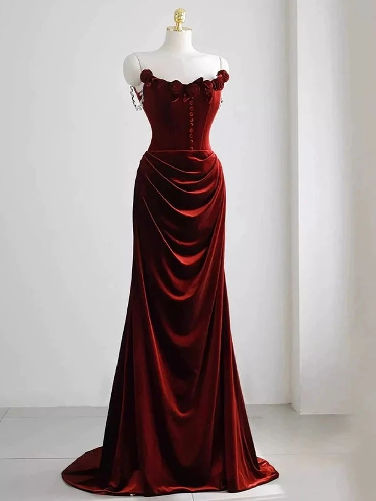 Elegant Mermaid Off-The-Shoulder Crystal-Strap Zipper-Back Velvet-Rose Trained-Hem Floor-Length Prom Dress