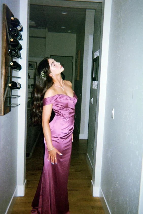 Elegant Mermaid Off-The-Shoulder Ruched Open Back Satin Maxi Evening Dress
