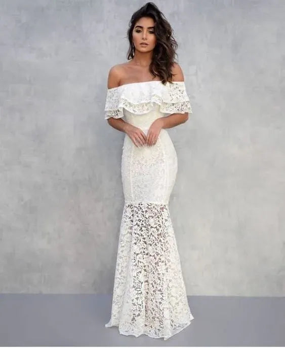 Elegant Mermaid Off-The-Shoulder Ruffle Floral Lace Floor-Length Wedding Evening Dress