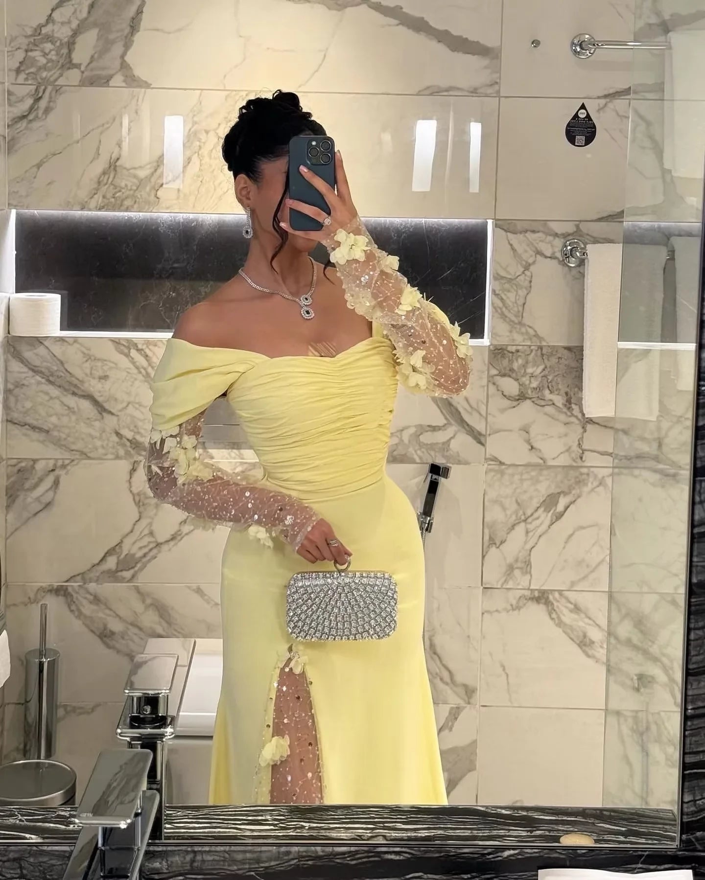 Elegant Mermaid Off-The-Shoulder Sheer-Long-Sleeve Split-Floor-Length Evening Dress