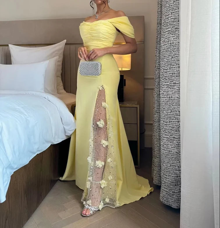 Elegant Mermaid Off-The-Shoulder Sheer-Long-Sleeve Split-Floor-Length Evening Dress