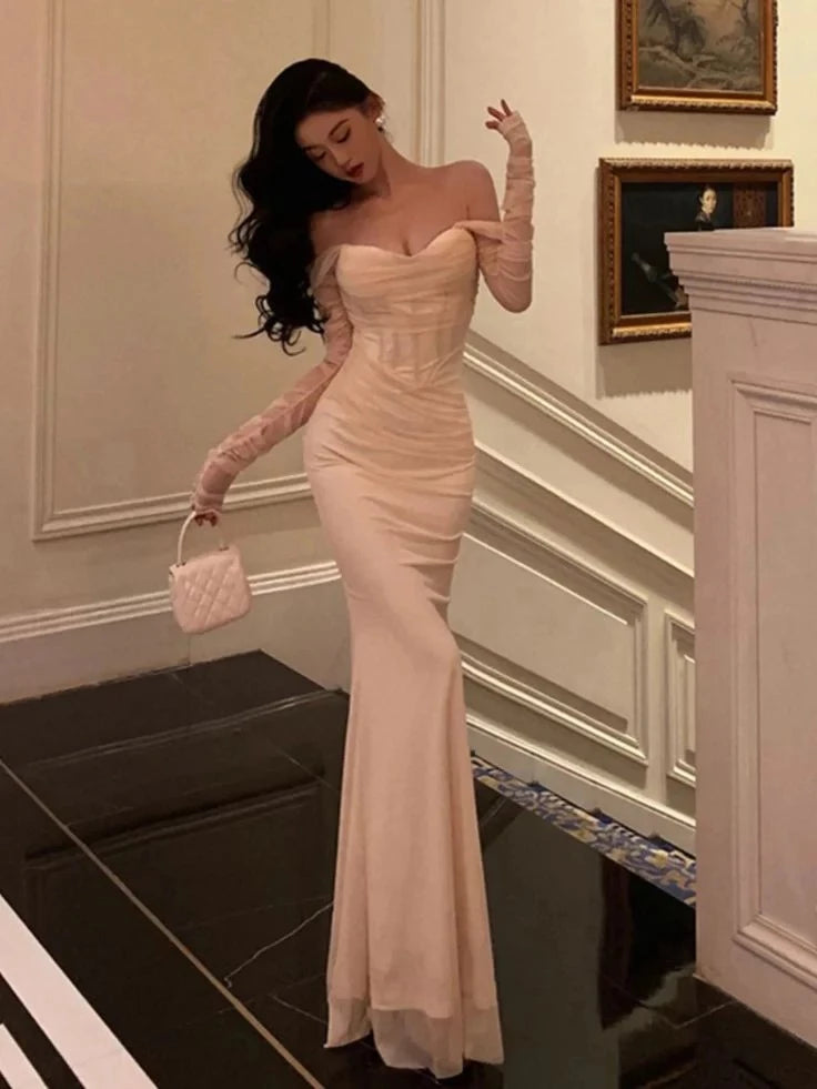 Elegant Mermaid Off-The-Shoulder Sheer-Long-Sleeve Zipper-Back Corset-Bodice Floor-Length Prom Dress