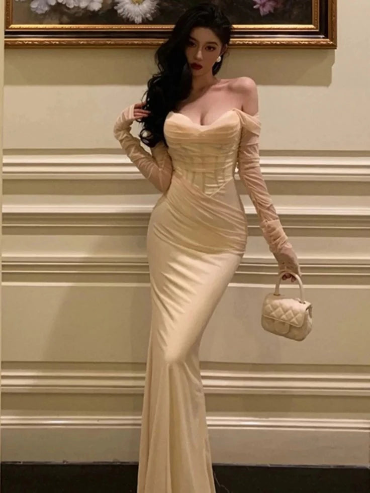 Elegant Mermaid Off-The-Shoulder Sheer-Long-Sleeve Zipper-Back Corset-Bodice Floor-Length Prom Dress