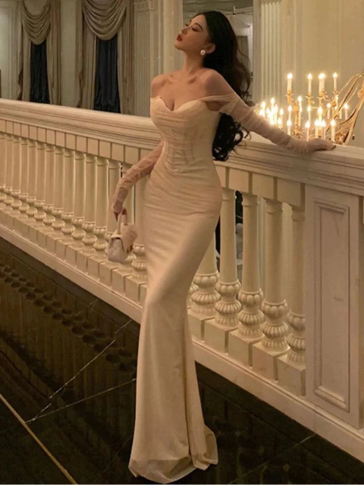 Elegant Mermaid Off-The-Shoulder Sheer-Long-Sleeve Zipper-Back Corset-Bodice Floor-Length Prom Dress