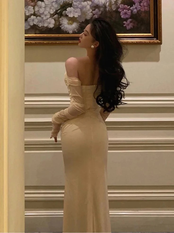 Elegant Mermaid Off-The-Shoulder Sheer-Long-Sleeve Zipper-Back Corset-Bodice Floor-Length Prom Dress