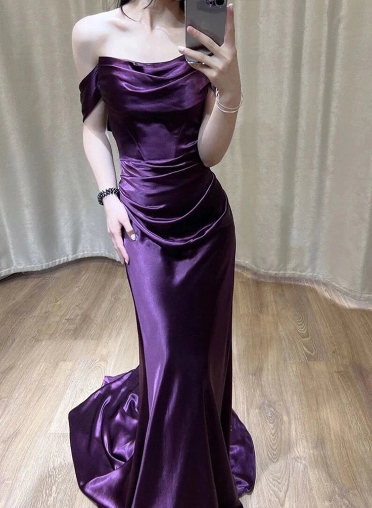 Elegant Mermaid Off-The-Shoulder Sleeveless Lace-Up-Back Ruched-Waist Trained-Hem Floor-Length Prom Dress