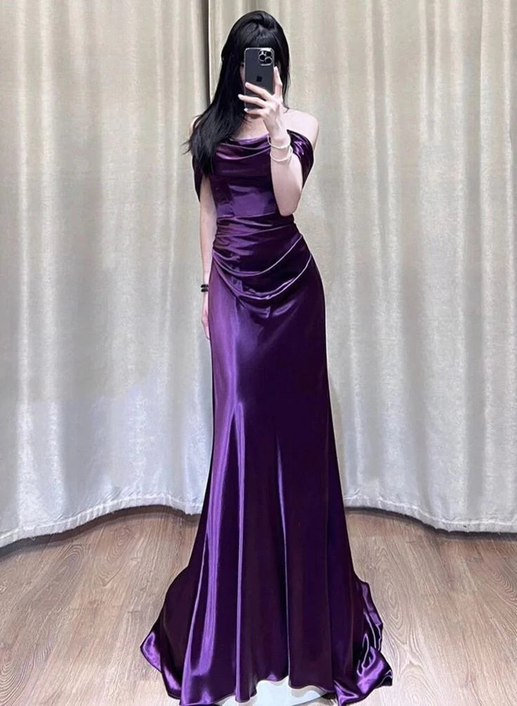 Elegant Mermaid Off-The-Shoulder Sleeveless Lace-Up-Back Ruched-Waist Trained-Hem Floor-Length Prom Dress