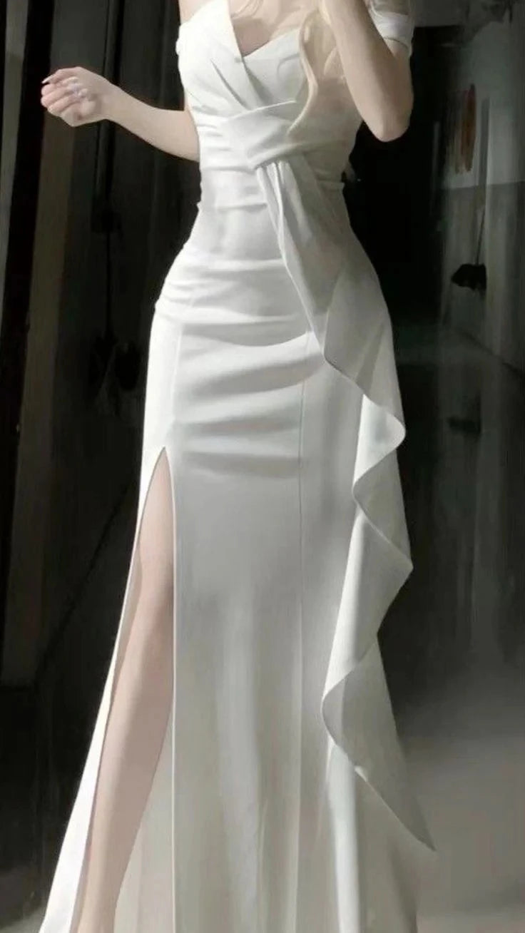 Elegant Mermaid Off-The-Shoulder Sleeveless Ruffled Split-Floor-Length Evening Dress