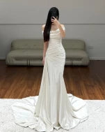 Elegant Mermaid Off-the-Shoulder Sleeveless Open Back Ruched Satin Evening Dress