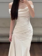 Elegant Mermaid Off-the-Shoulder Sleeveless Open Back Ruched Satin Evening Dress