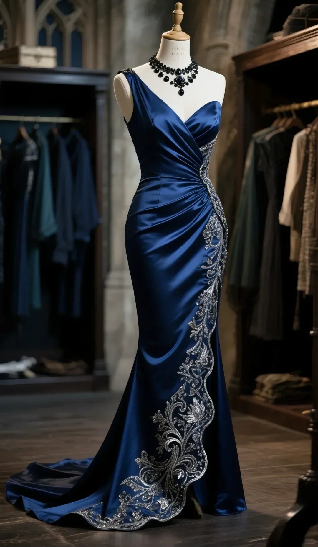 Elegant Mermaid One-Shoulder Sleeveless Open Back Beaded Embroidered Satin Evening Dress