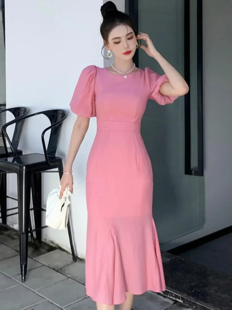 Elegant Mermaid Round-Neck Puff-Sleeve Zipper-Back Bow-Tie Flared-Hem Midi-Length Prom Dress