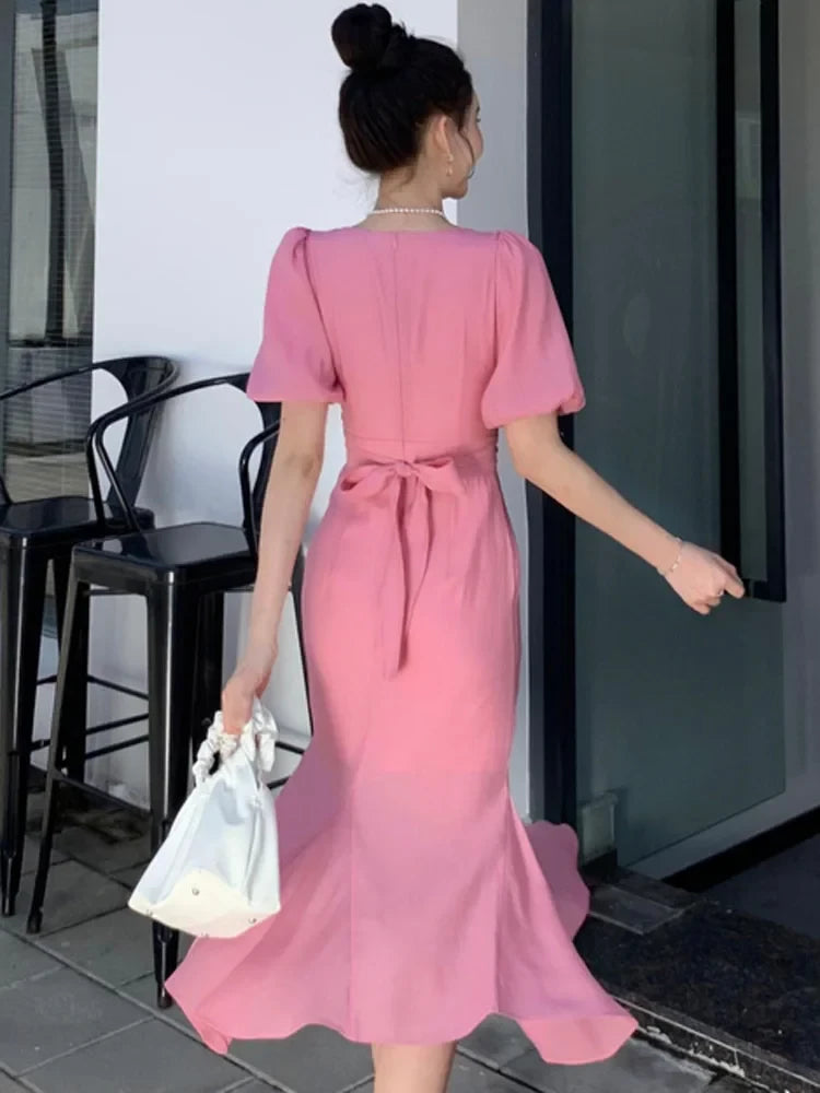 Elegant Mermaid Round-Neck Puff-Sleeve Zipper-Back Bow-Tie Flared-Hem Midi-Length Prom Dress