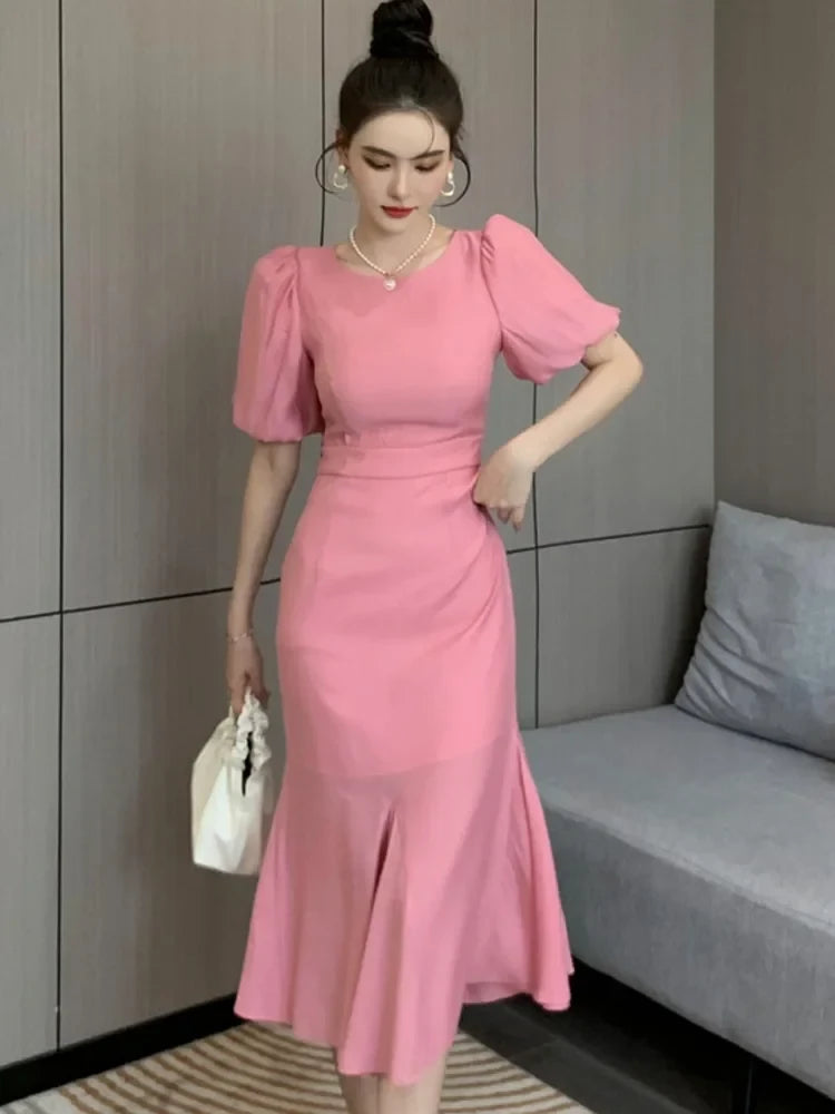 Elegant Mermaid Round-Neck Puff-Sleeve Zipper-Back Bow-Tie Flared-Hem Midi-Length Prom Dress