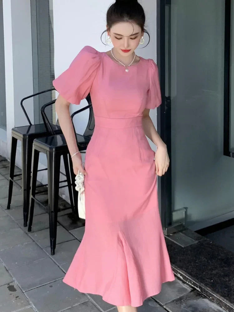 Elegant Mermaid Round-Neck Puff-Sleeve Zipper-Back Bow-Tie Flared-Hem Midi-Length Prom Dress