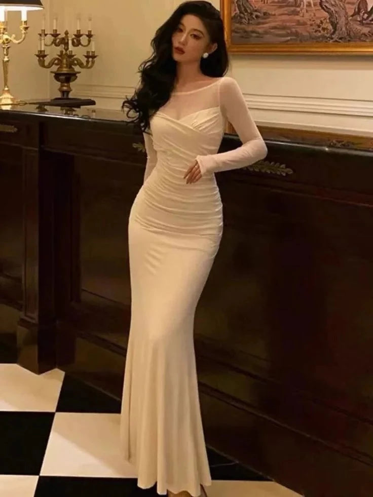 Elegant Mermaid Sheer-Neck Long-Sleeve Zipper-Back Ruched-Bodice Floor-Length Prom Dress