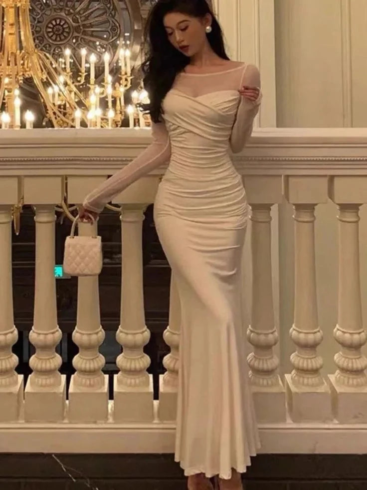 Elegant Mermaid Sheer-Neck Long-Sleeve Zipper-Back Ruched-Bodice Floor-Length Prom Dress