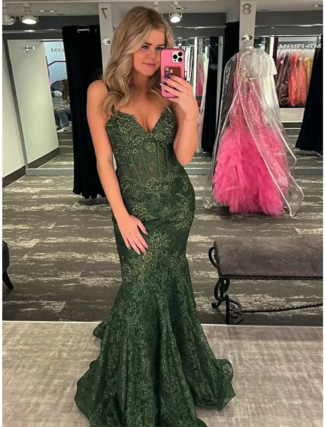 Elegant Mermaid Spaghetti Strap Backless Crystal Applique Maxi Prom Gown.