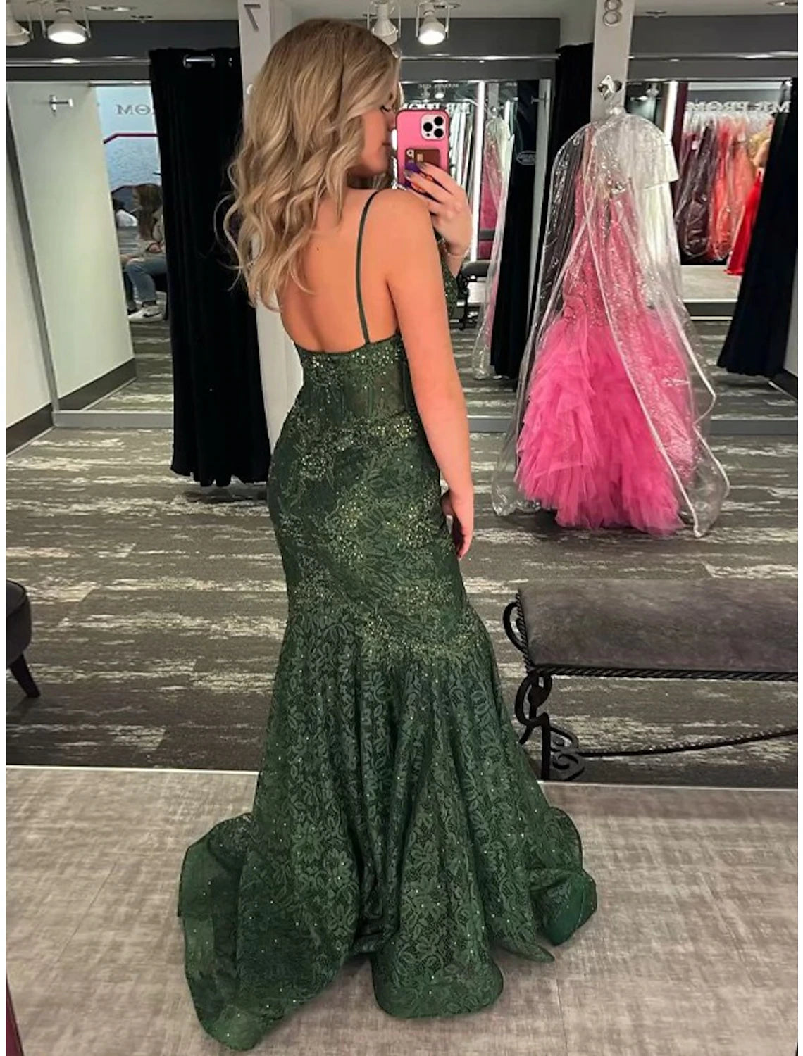 Elegant Mermaid Spaghetti Strap Backless Crystal Applique Maxi Prom Gown.