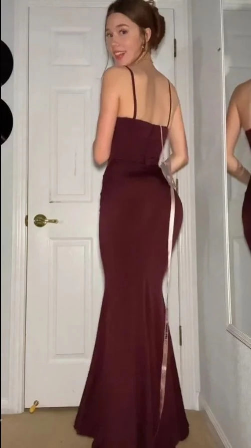 Elegant Mermaid Square Neck Spaghetti-Strap Sleeveless Open Back Maxi Evening Dress