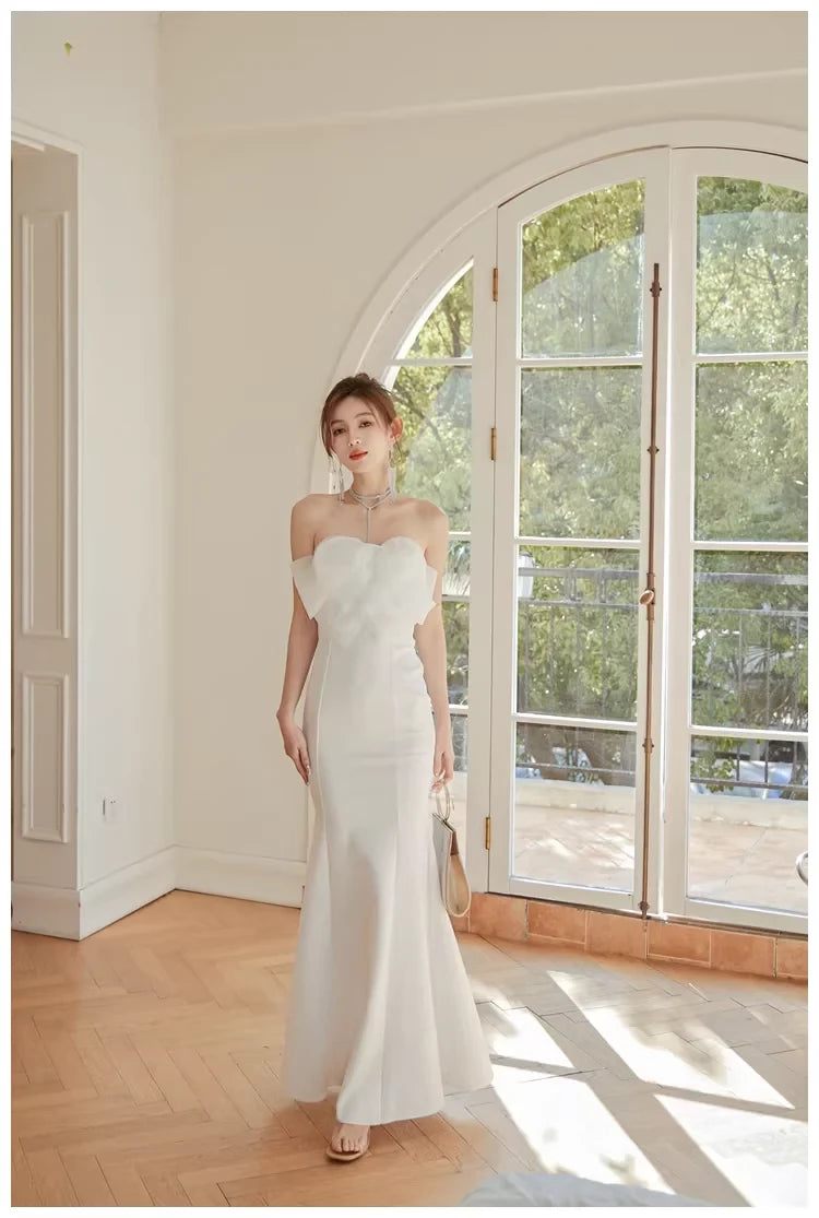 Elegant Mermaid Strapless Open Back Ruffled Satin Evening Dress