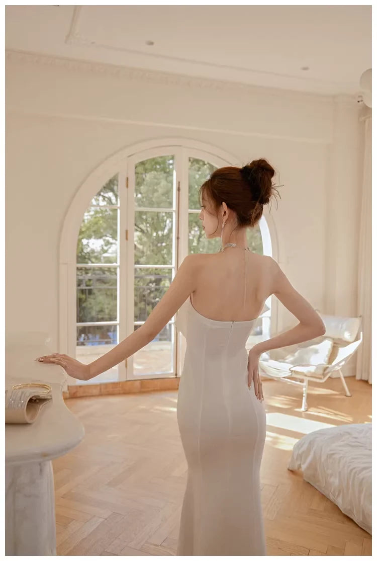 Elegant Mermaid Strapless Open Back Ruffled Satin Evening Dress