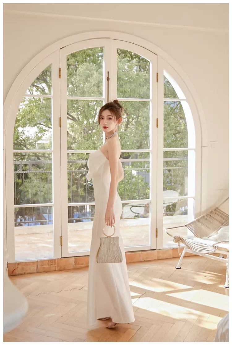 Elegant Mermaid Strapless Open Back Ruffled Satin Evening Dress