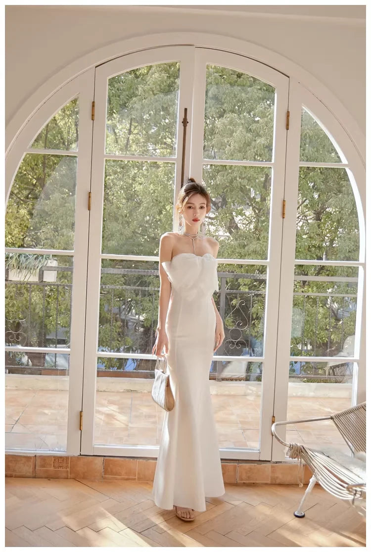 Elegant Mermaid Strapless Open Back Ruffled Satin Evening Dress