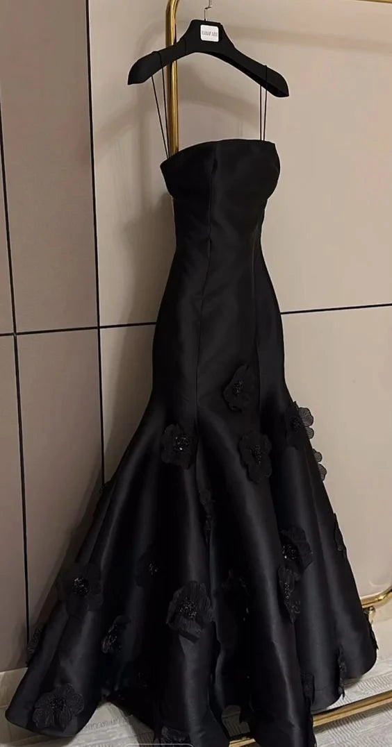 Elegant Mermaid Strapless Sleeveless Open Back 3D-Floral Taffeta Train Evening Dress