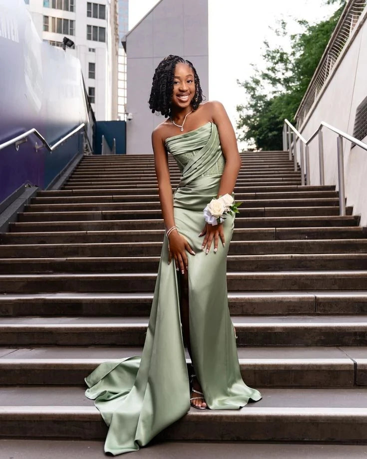 Elegant Mermaid Strapless Sleeveless Split-Floor-Length Bridesmaid Evening Dress