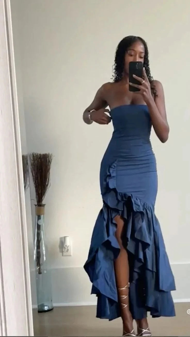 Elegant Mermaid Strapless Sleeveless Zipper-Back Ruffled-Slit High-Low Midi-Length Prom Dress