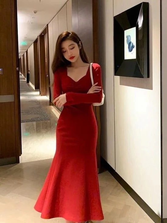 Elegant Mermaid Sweetheart Long Sleeve Closed Back Midi Length Prom Dress