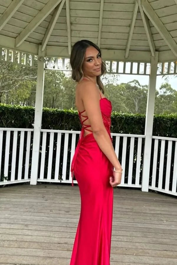 Elegant Mermaid Sweetheart Neck Spaghetti-Strap Lace-Up Back Ruched Satin High-Slit Prom Dress