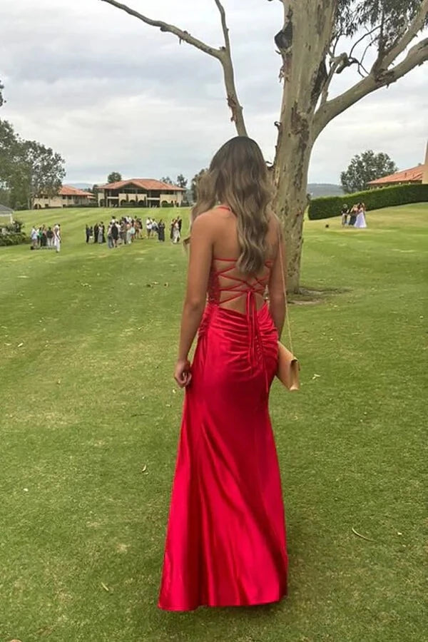 Elegant Mermaid Sweetheart Neck Spaghetti-Strap Lace-Up Back Ruched Satin High-Slit Prom Dress