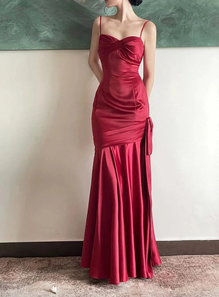 Elegant Mermaid Sweetheart Spaghetti-Strap Zipper-Back Bow-Detail Ruched-Side Floor-Length Prom Dress
