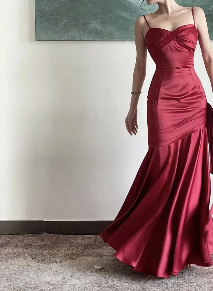 Elegant Mermaid Sweetheart Spaghetti-Strap Zipper-Back Bow-Detail Ruched-Side Floor-Length Prom Dress