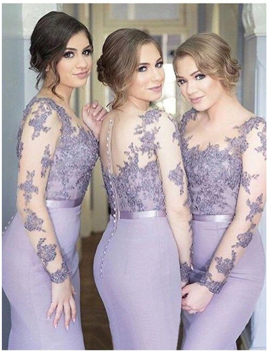 Elegant Mermaid Trumpet Bridesmaid Dress Jewel Neck Long Sleeve Chiffon Gown.